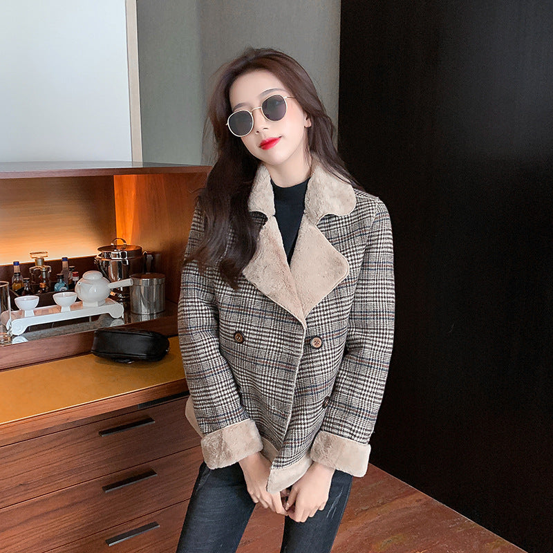 Autumn And Winter Tide All-match Thick Plaid Woolen Fur