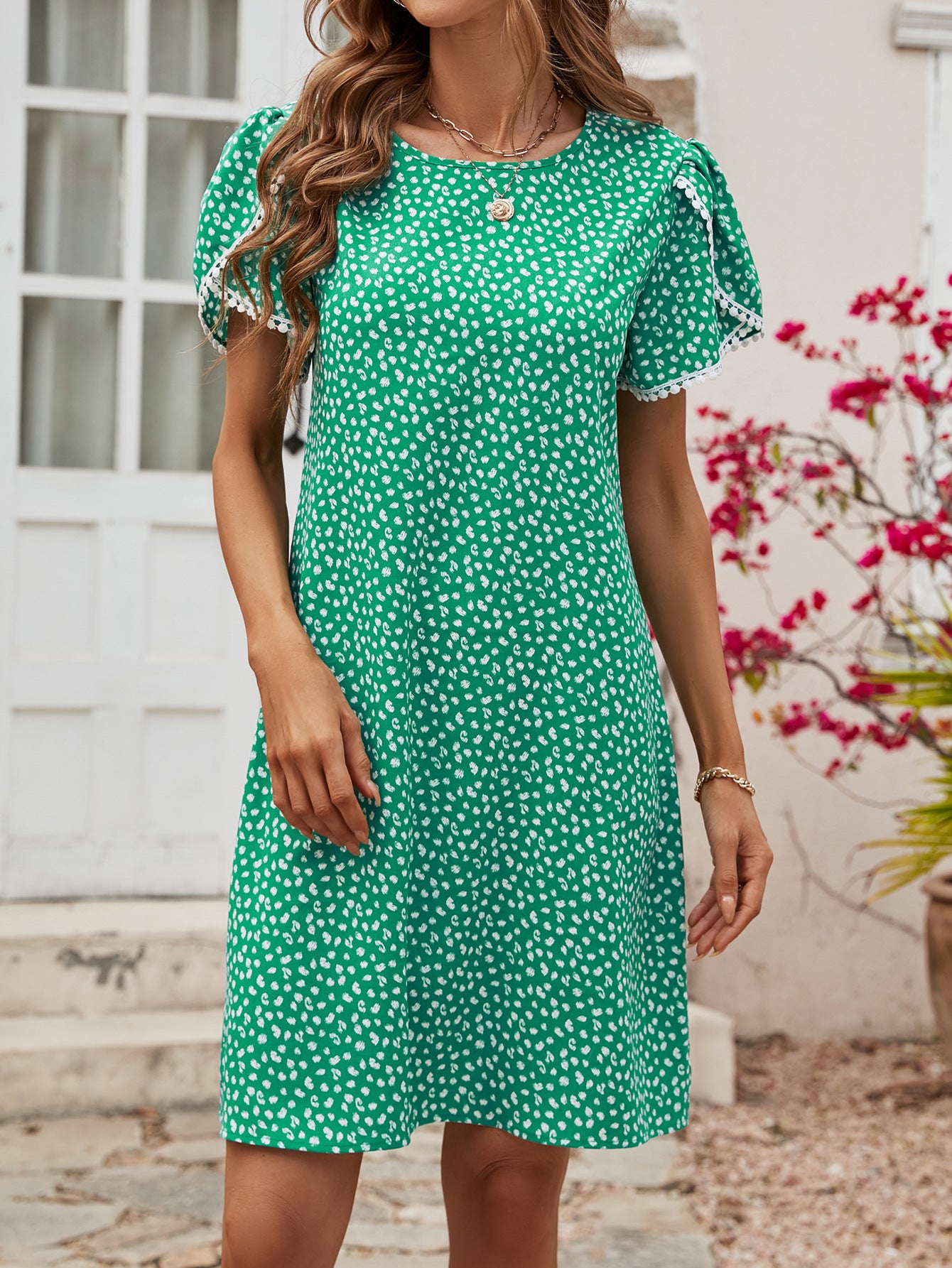 Round Neck Tulip Sleeve Tassel Lace Printed Dress