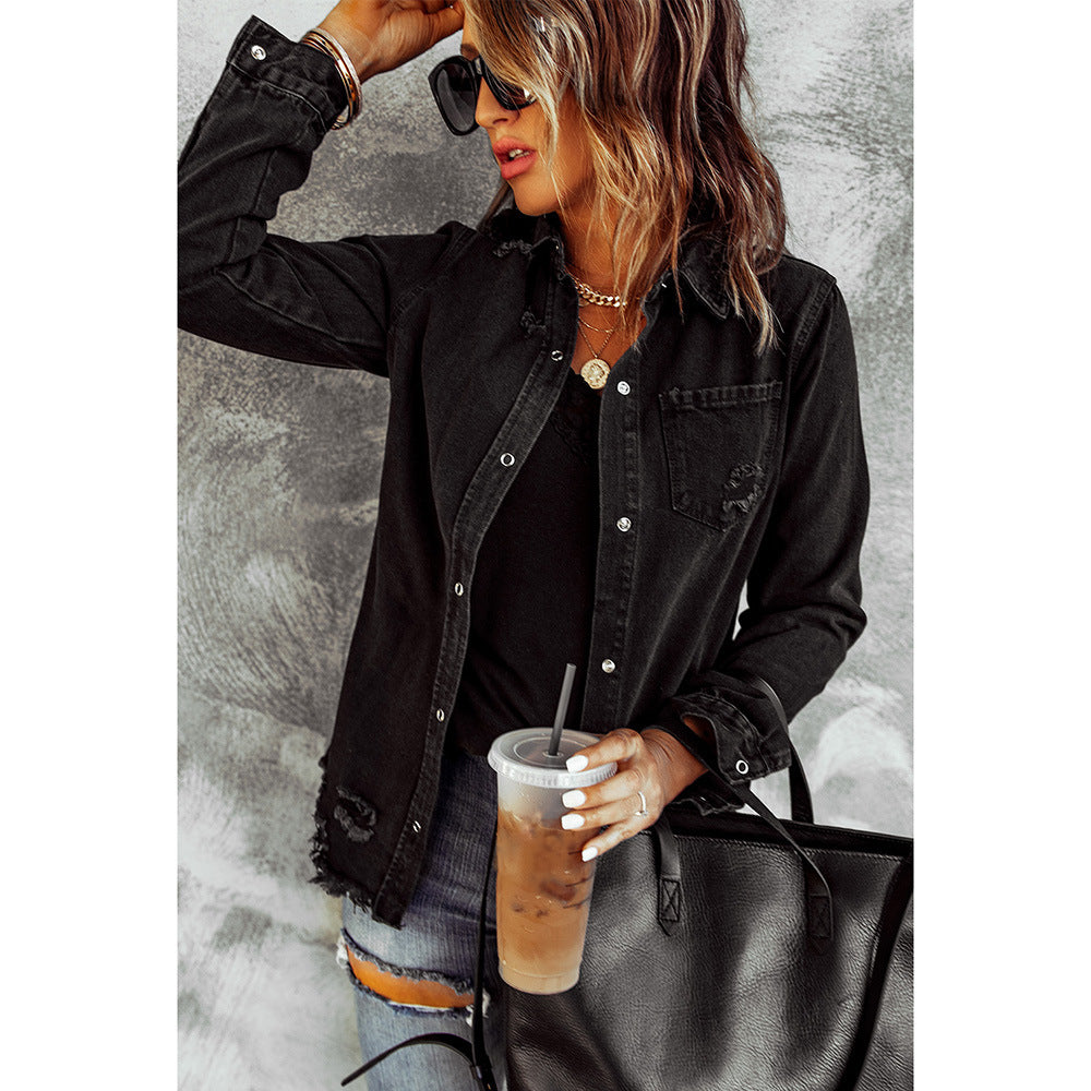 Black Ripped Shirt Denim Long Sleeve Ladies Jacket.