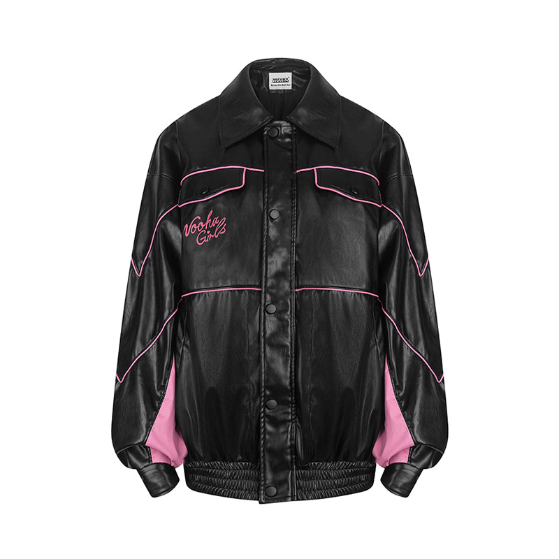Contrasting Color Handsome All Match Oversize Ladies Leather Jacket.