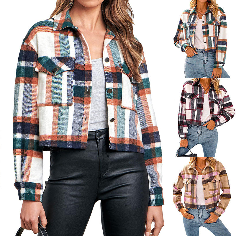 Lapel Pocket Fashion Casual Short Women's Plaid Coat