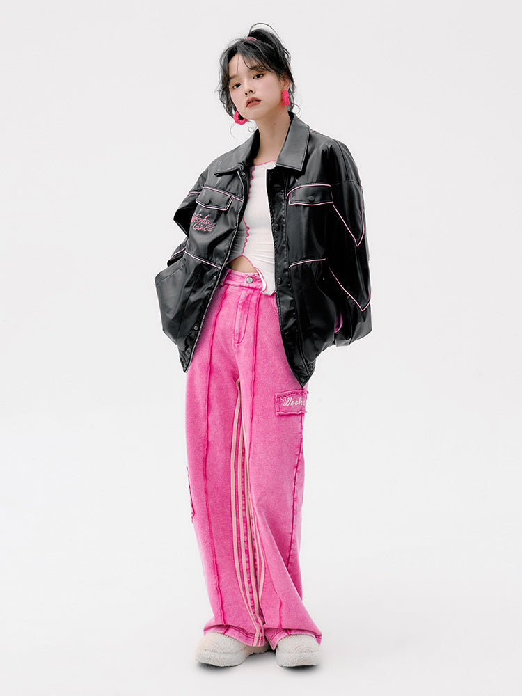 Contrasting Color Handsome All Match Oversize Ladies Leather Jacket.