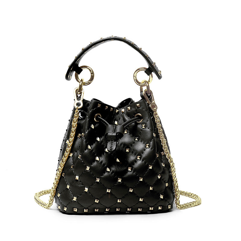 Leather Rivets Bucket Bag Diamond Chain