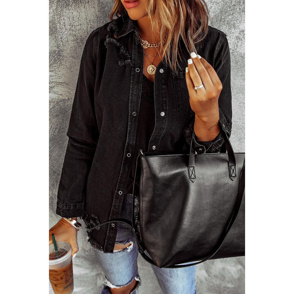 Black Ripped Shirt Denim Long Sleeve Ladies Jacket.