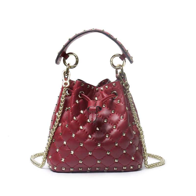 Leather Rivets Bucket Bag Diamond Chain