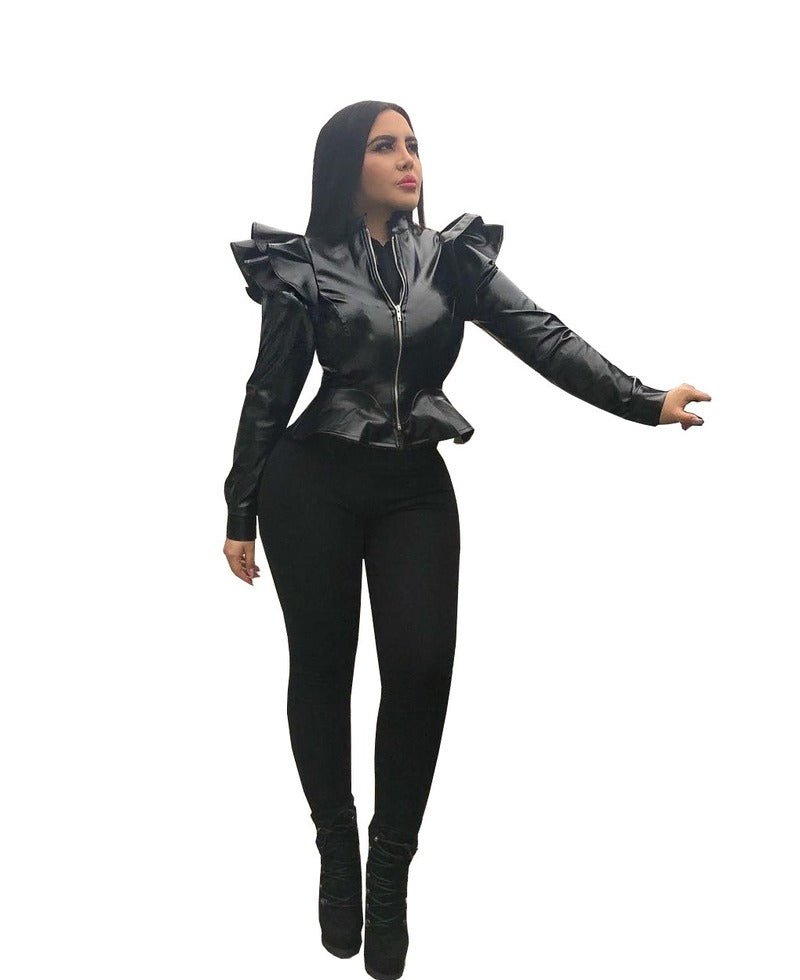 Ladies Casual Ruffled Leather Jacket.