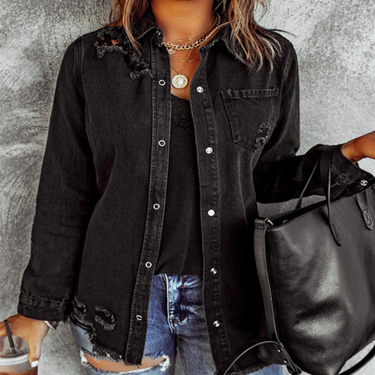 Black Ripped Shirt Denim Long Sleeve Ladies Jacket.