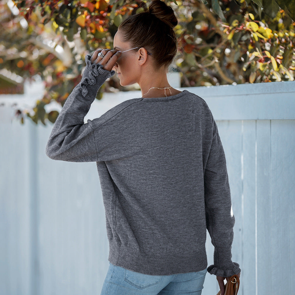 Women's Fashion Solid Color And V-neck Long Sleeve Sweater