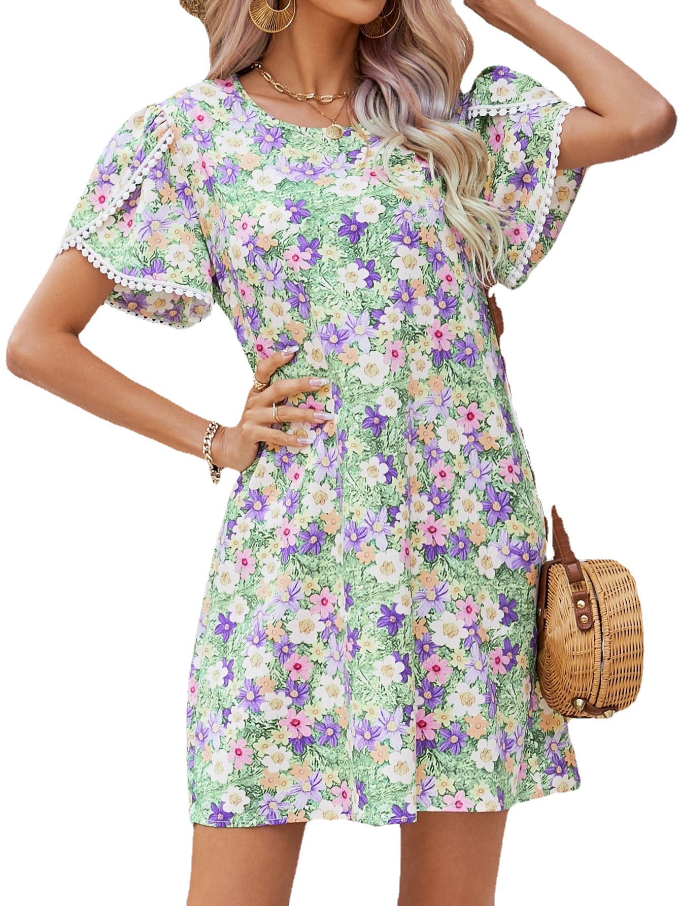 Round Neck Tulip Sleeve Tassel Lace Printed Dress
