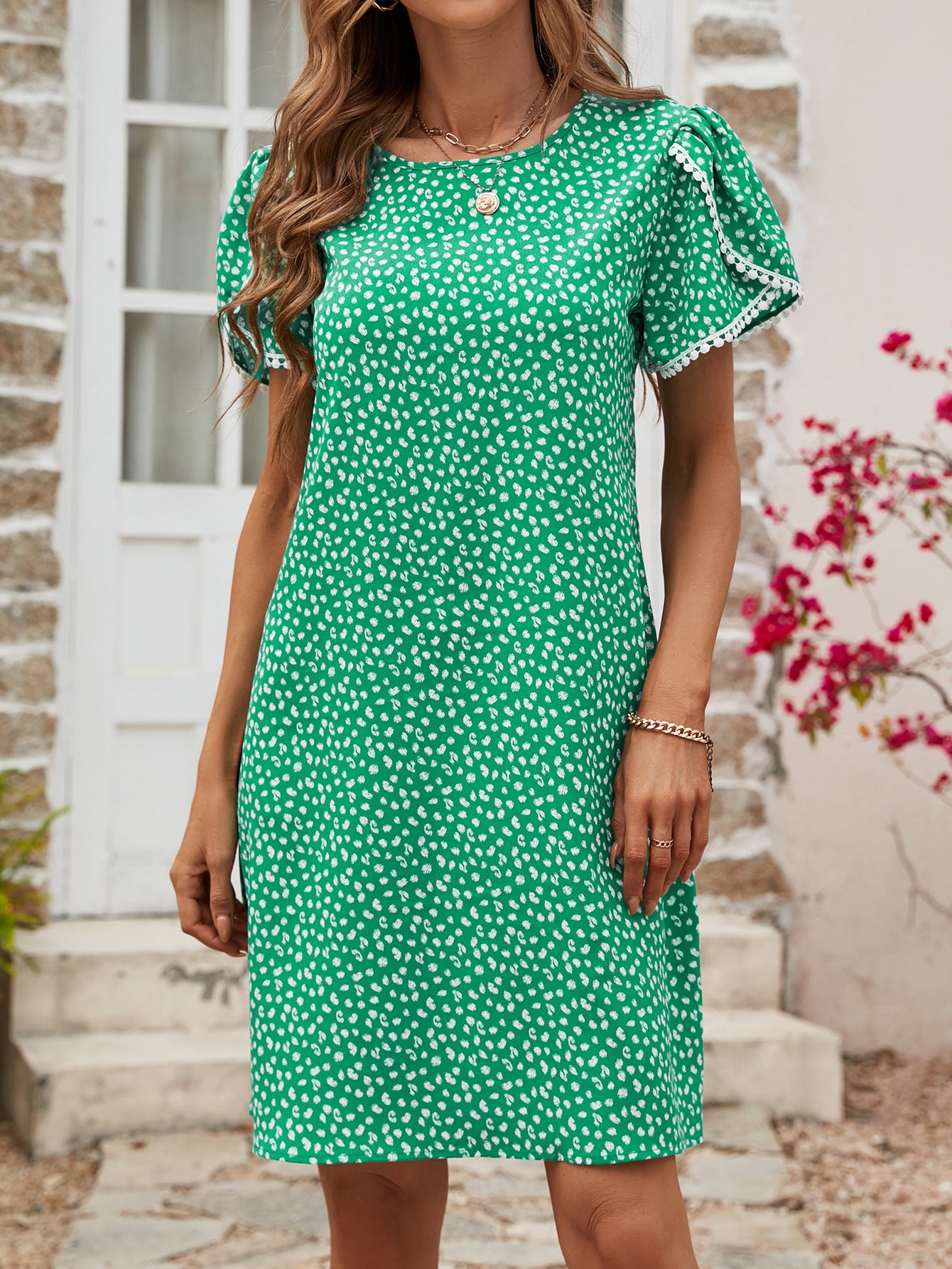Round Neck Tulip Sleeve Tassel Lace Printed Dress