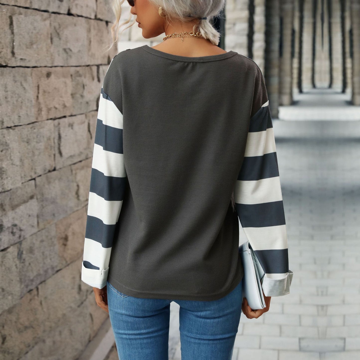 New European And American Autumn And Winter Stitching Waffle Knitted Pullover Sweater