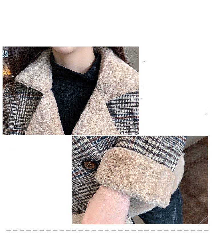 Autumn And Winter Tide All-match Thick Plaid Woolen Fur