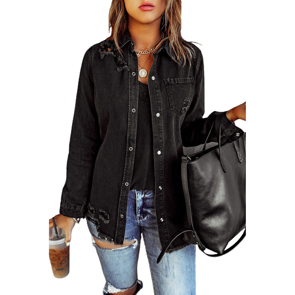 Black Ripped Shirt Denim Long Sleeve Ladies Jacket.