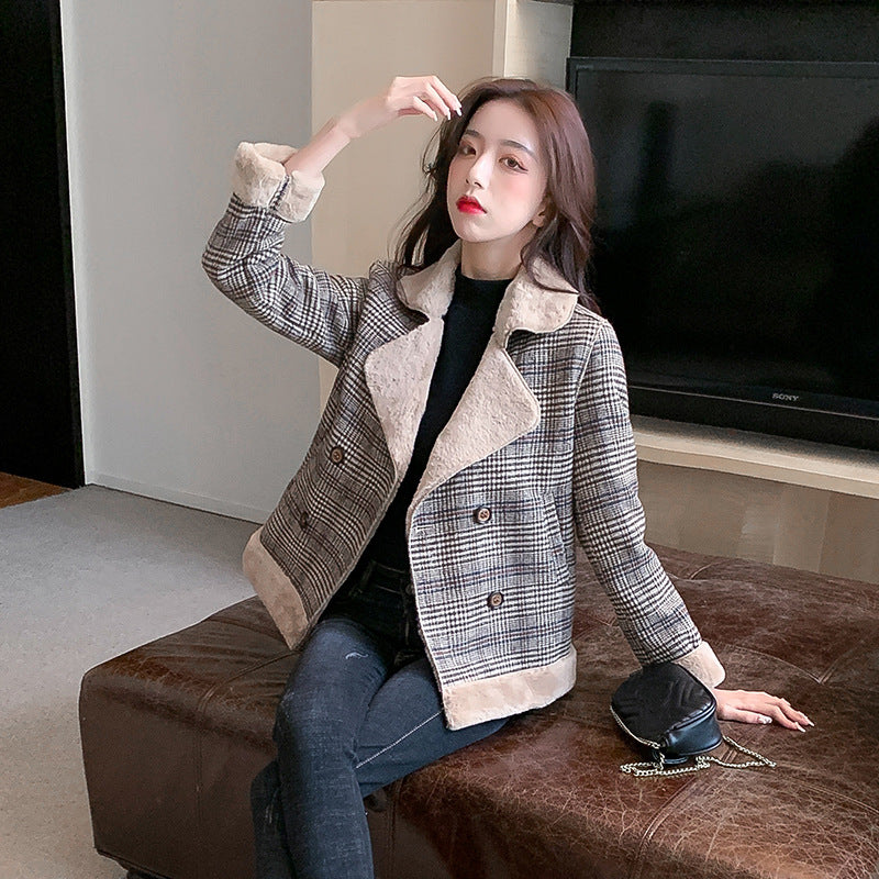 Autumn And Winter Tide All-match Thick Plaid Woolen Fur