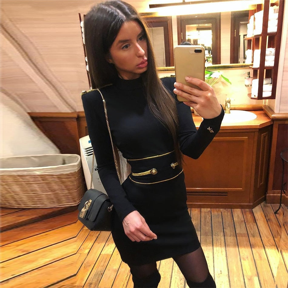 Hashupha 2023, Summer Black Mini Bandage Dress. Women's Long Sleeve O Neck Bodycon Sexy Elegant Club Evening Party Dress.
