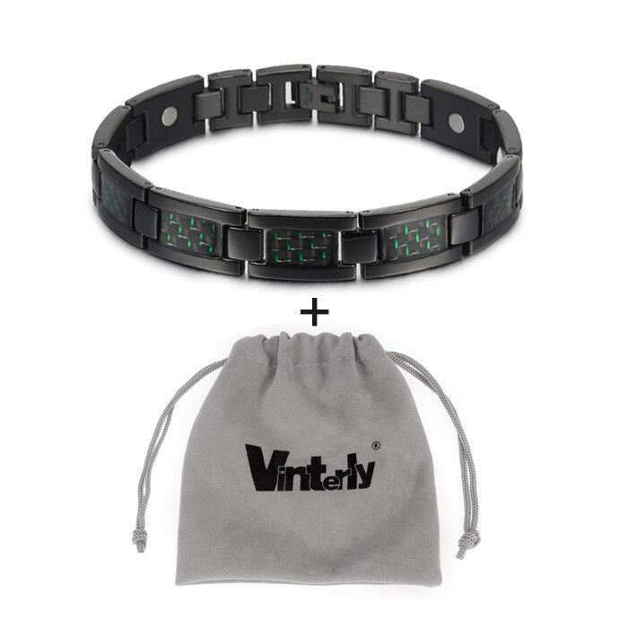 Vinterly Black Magnetic Bracelet Men Stainless Steel Energy Germanium Men Bracelet Hand Chain Carbon Fiber Hologram Bracelet Men