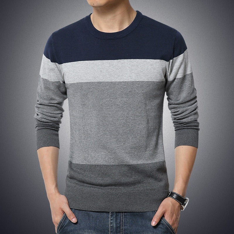 Casual Men's Sweater O-Neck Striped Slim Fit Knittwear 2023