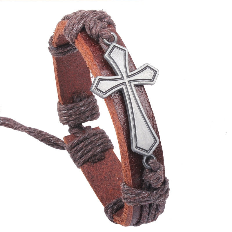 New Fashion Men Jewelry Vintage Leather Bracelets & Bangles Metal Cross Jesus Rope Bracelet Adjustable Wax Cord Brown Black