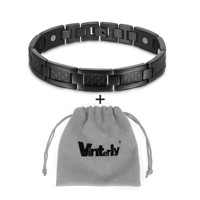 Vinterly Black Magnetic Bracelet Men Stainless Steel Energy Germanium Men Bracelet Hand Chain Carbon Fiber Hologram Bracelet Men