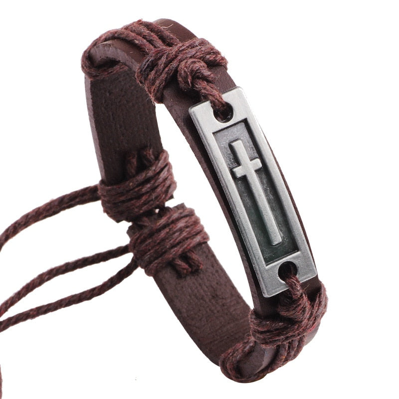 New Fashion Men Jewelry Vintage Leather Bracelets & Bangles Metal Cross Jesus Rope Bracelet Adjustable Wax Cord Brown Black