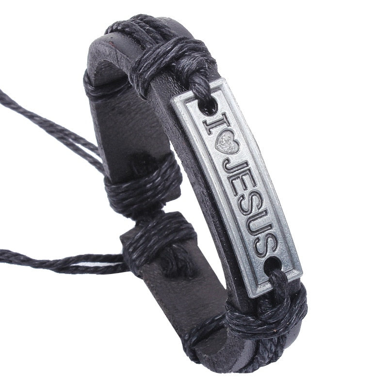 New Fashion Men Jewelry Vintage Leather Bracelets & Bangles Metal Cross Jesus Rope Bracelet Adjustable Wax Cord Brown Black