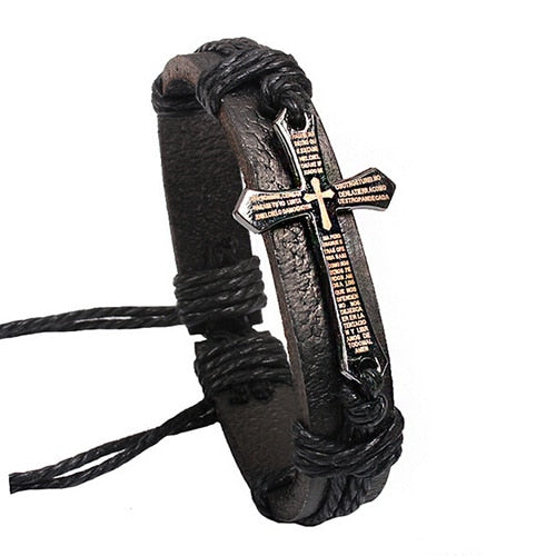 New Fashion Men Jewelry Vintage Leather Bracelets & Bangles Metal Cross Jesus Rope Bracelet Adjustable Wax Cord Brown Black