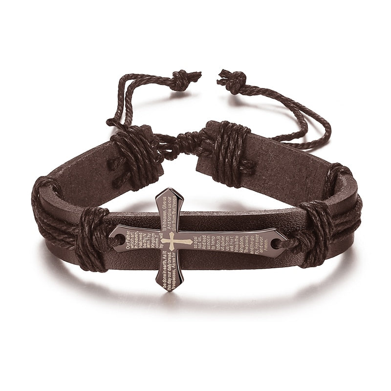 New Fashion Men Jewelry Vintage Leather Bracelets & Bangles Metal Cross Jesus Rope Bracelet Adjustable Wax Cord Brown Black