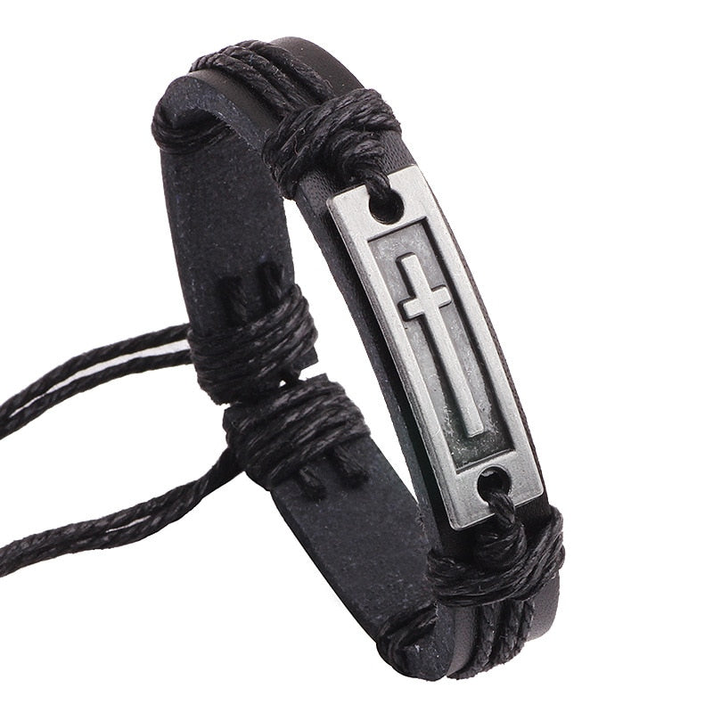 New Fashion Men Jewelry Vintage Leather Bracelets & Bangles Metal Cross Jesus Rope Bracelet Adjustable Wax Cord Brown Black