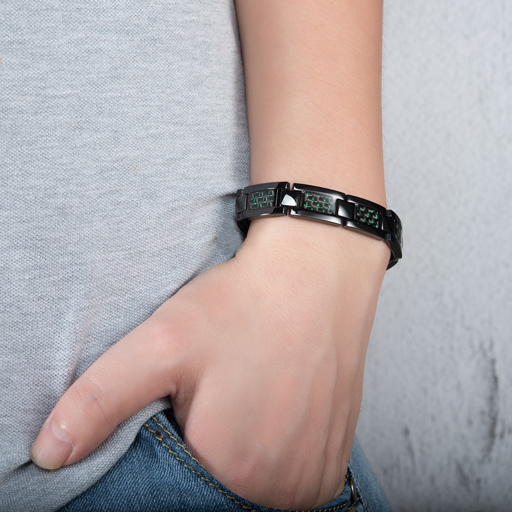 Vinterly Black Magnetic Bracelet Men Stainless Steel Energy Germanium Men Bracelet Hand Chain Carbon Fiber Hologram Bracelet Men