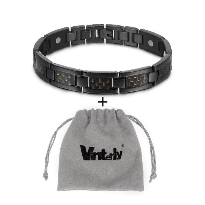 Vinterly Black Magnetic Bracelet Men Stainless Steel Energy Germanium Men Bracelet Hand Chain Carbon Fiber Hologram Bracelet Men