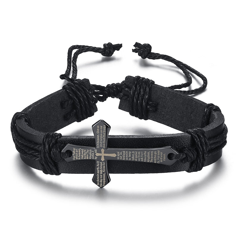 New Fashion Men Jewelry Vintage Leather Bracelets & Bangles Metal Cross Jesus Rope Bracelet Adjustable Wax Cord Brown Black