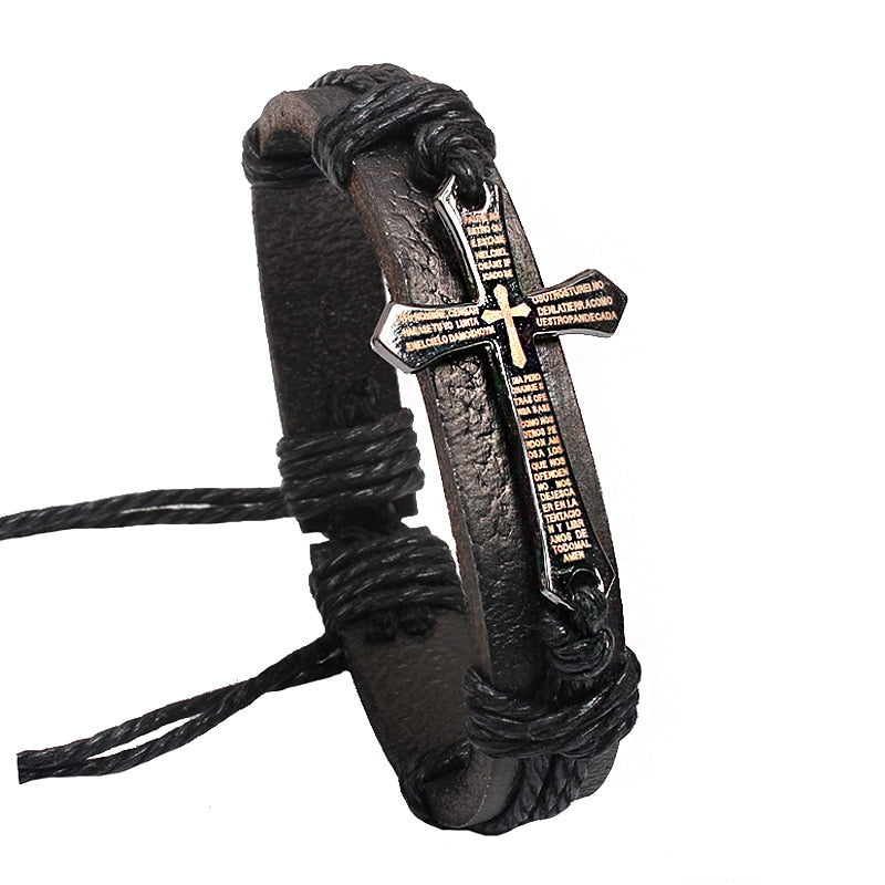 New Fashion Men Jewelry Vintage Leather Bracelets & Bangles Metal Cross Jesus Rope Bracelet Adjustable Wax Cord Brown Black