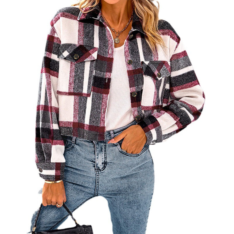 Lapel Pocket Fashion Casual Short Women's Plaid Coat