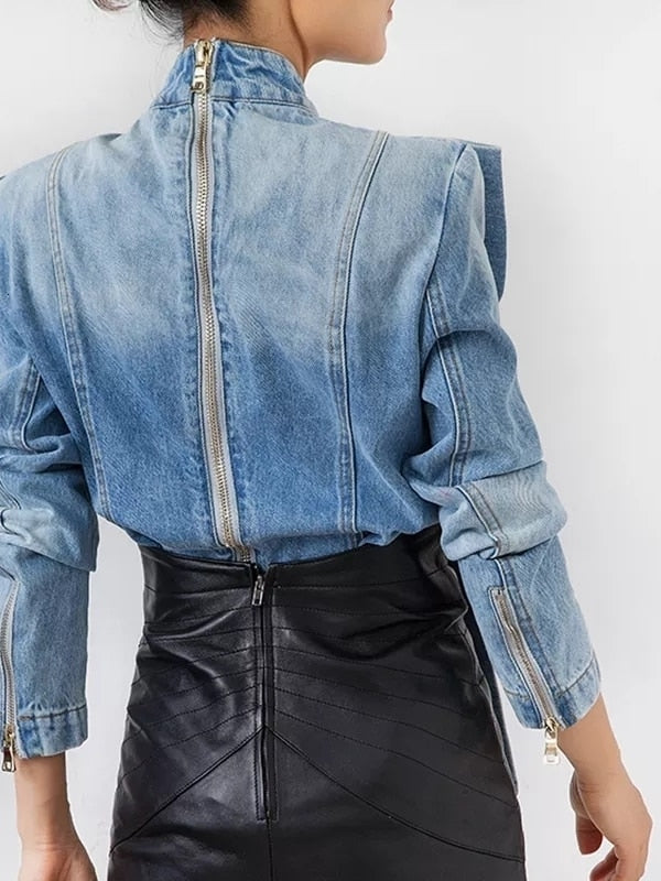 TWOTWINSTYLE Patchwork Bow Denim Women's Jacket Stand Collar Long Sleeve Vintage Ruched Jackets For Female 2022 Fashion Clothing