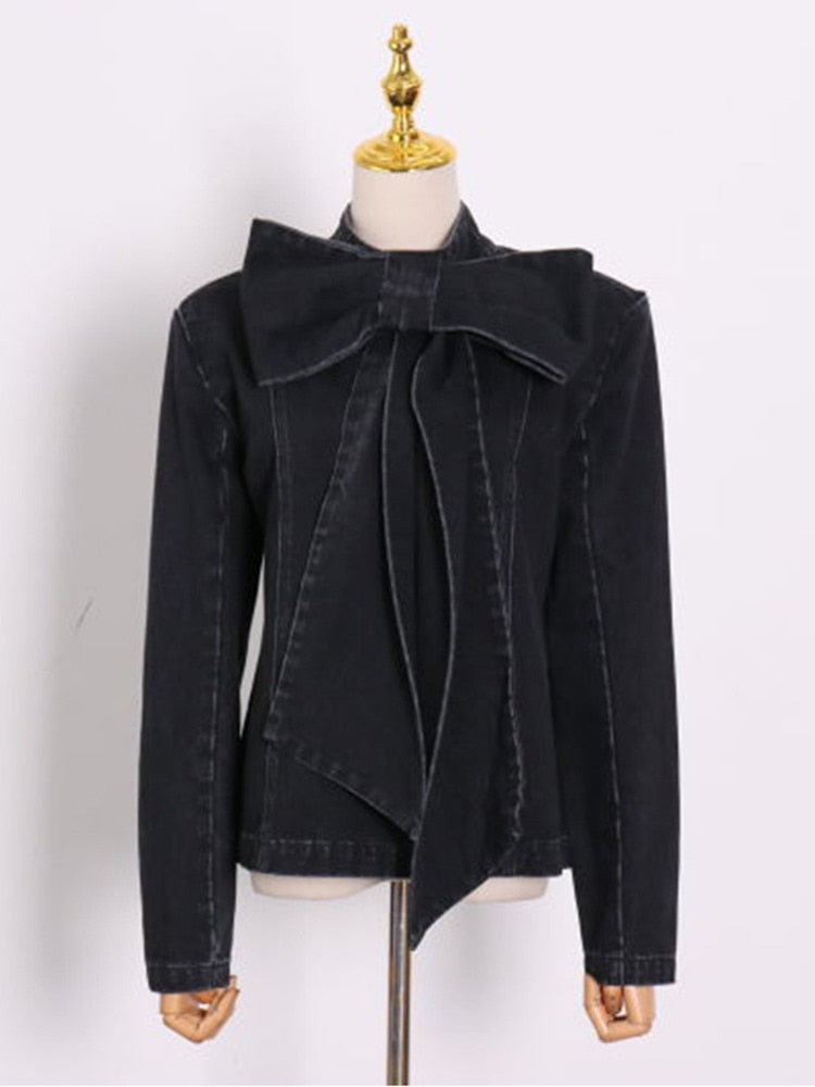 TWOTWINSTYLE Patchwork Bow Denim Women's Jacket Stand Collar Long Sleeve Vintage Ruched Jackets For Female 2022 Fashion Clothing