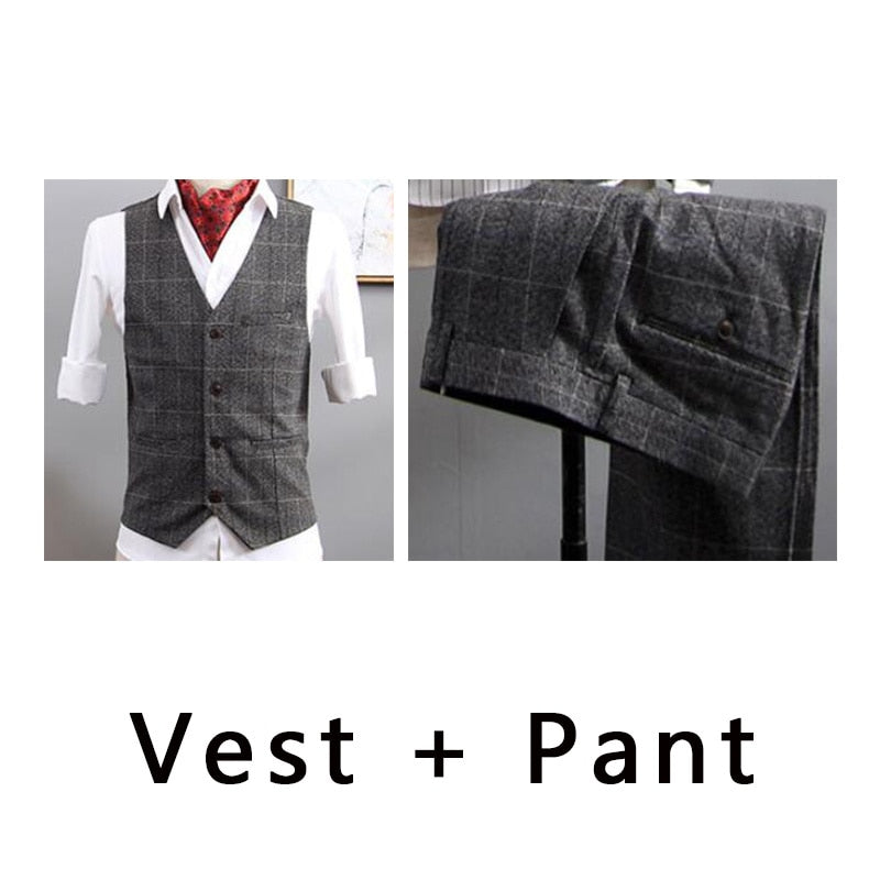 British Style Men's 3 Piece Suit, Plaid Blazer, Business, Formal Dress Suit.
