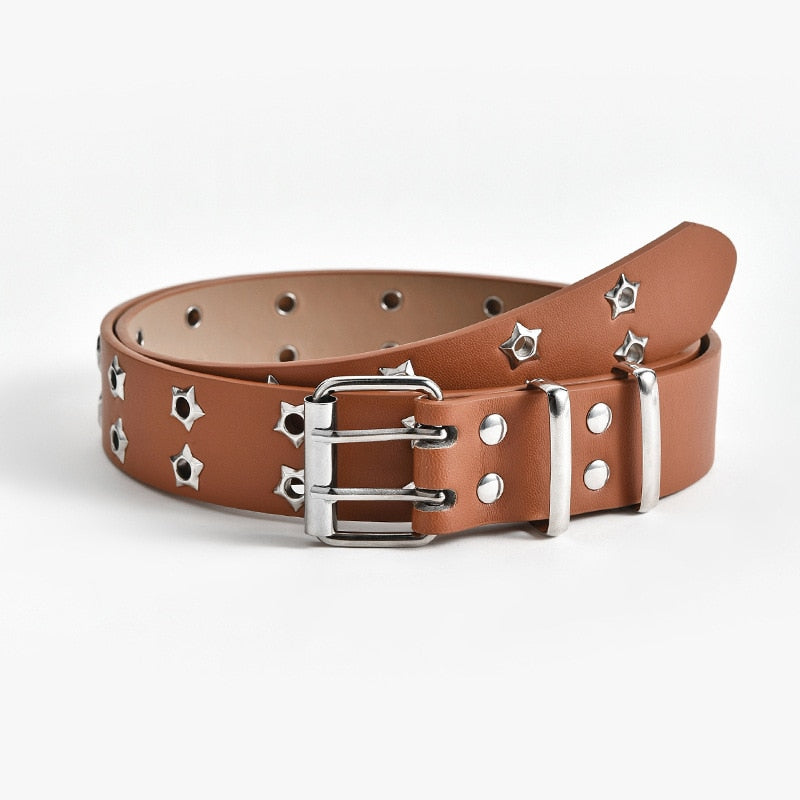 NEW Star Eye Rivet Belt Goth Style Double Pin Buckle Man/woman Fashion Casual Puck Style Pu Leather Waistband for Jeans Young