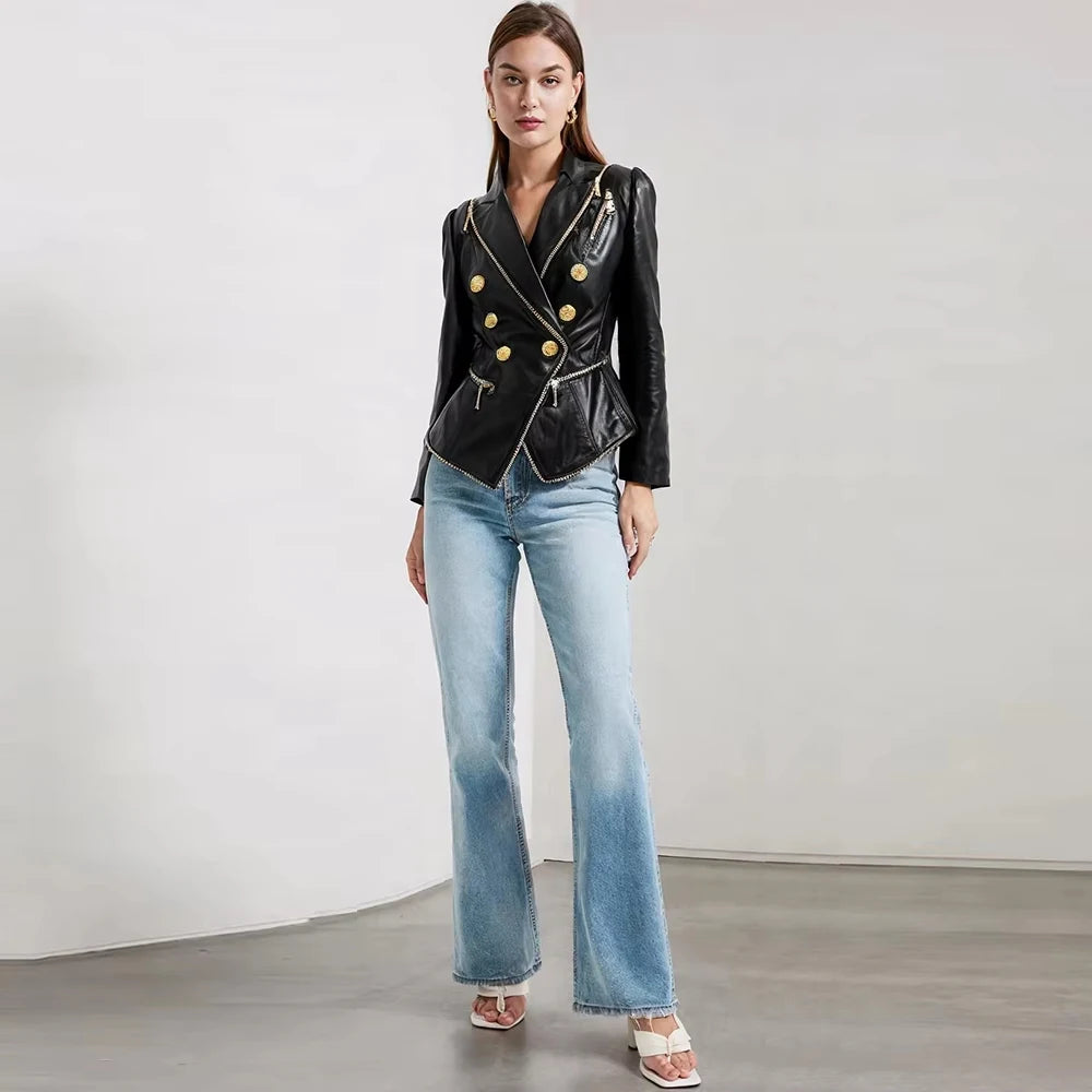 Gold Chain Edge Decoration Grid Faux Leather Jacket Cardigan Coat Blazer Black Mini Skirt Outfit Women Short Jacket