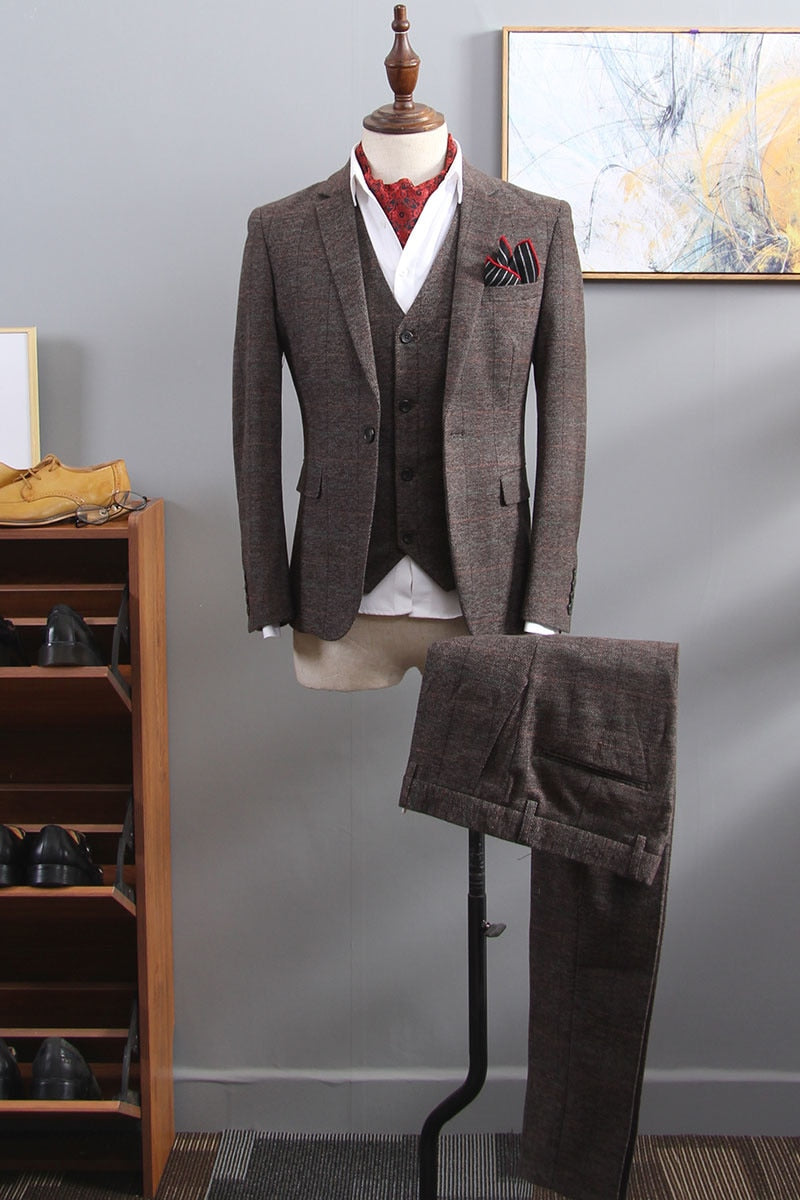 British Style Men's 3 Piece Suit, Plaid Blazer, Business, Formal Dress Suit.