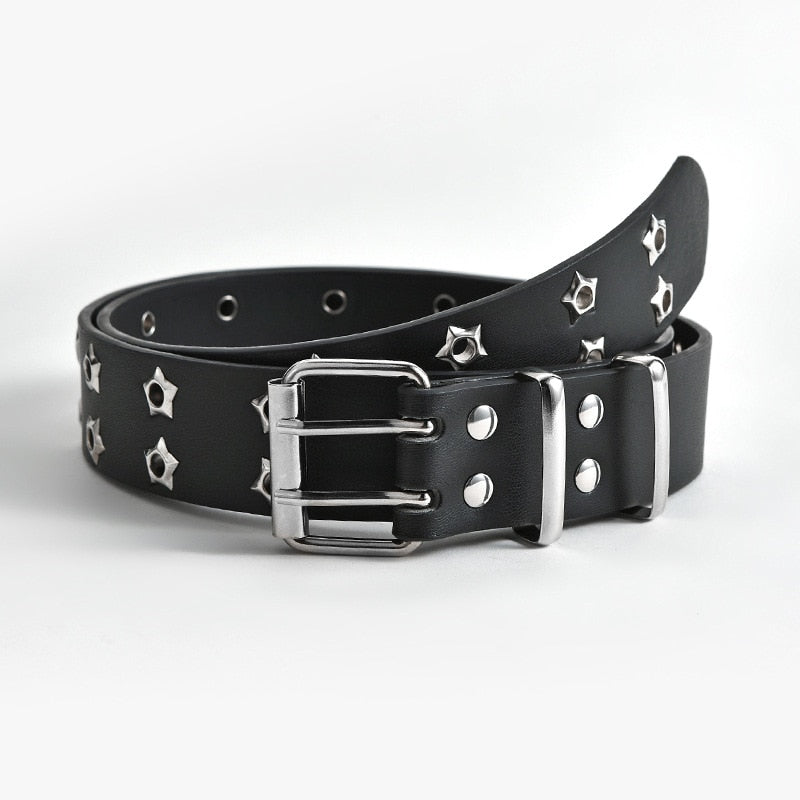 NEW Star Eye Rivet Belt Goth Style Double Pin Buckle Man/woman Fashion Casual Puck Style Pu Leather Waistband for Jeans Young