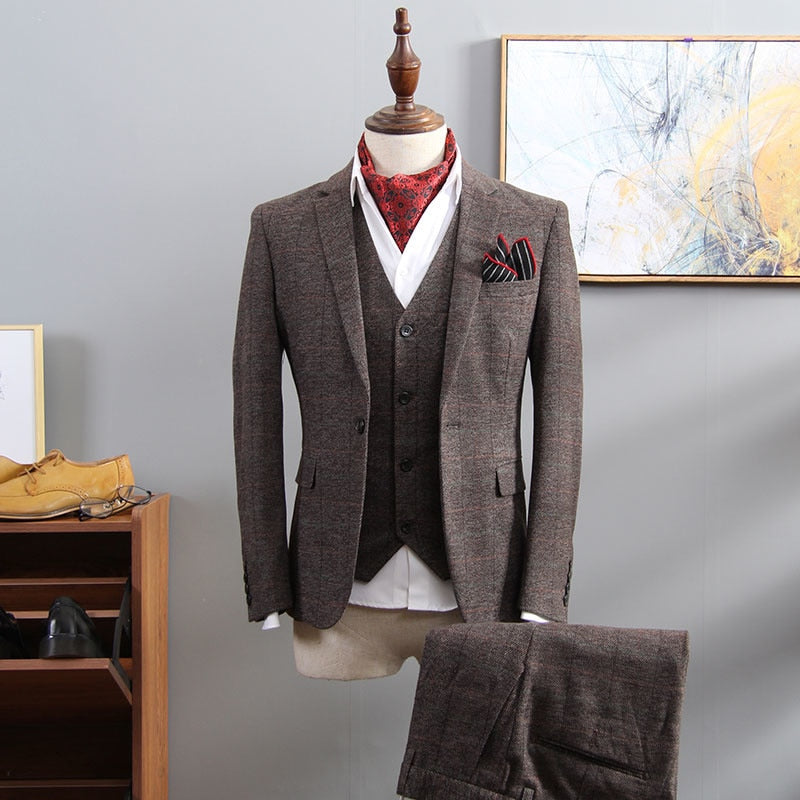 British Style Men's 3 Piece Suit, Plaid Blazer, Business, Formal Dress Suit.