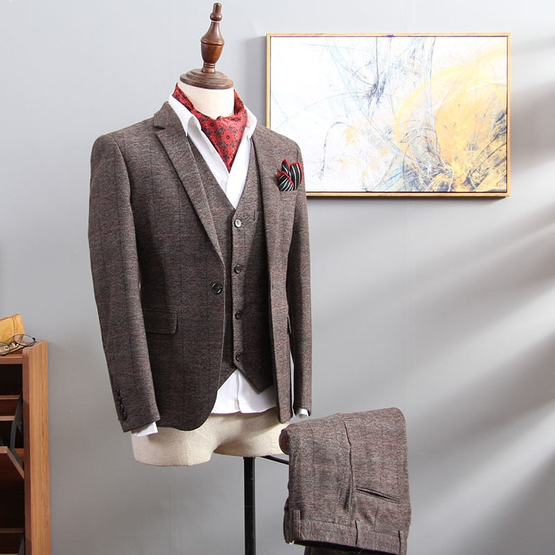 British Style Men's 3 Piece Suit, Plaid Blazer, Business, Formal Dress Suit.