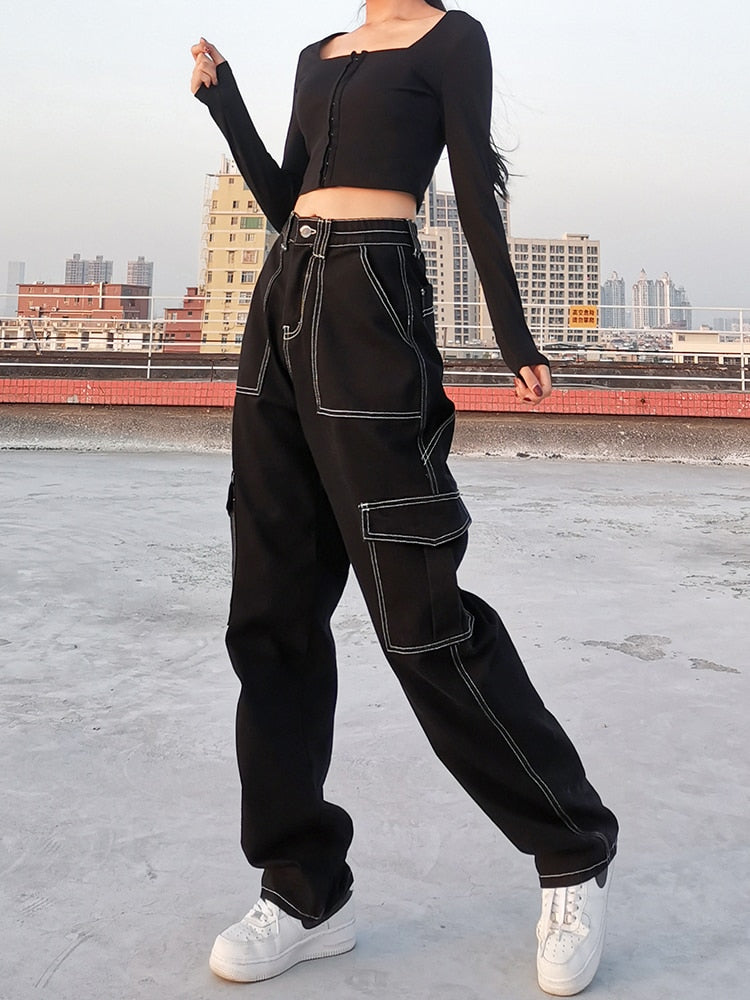 HEYounGIRL White Thread Black Cotton Jeans Women Casual Loose Straight Long Trousers Ladies Harajuku Punk Fashion Pants Capris