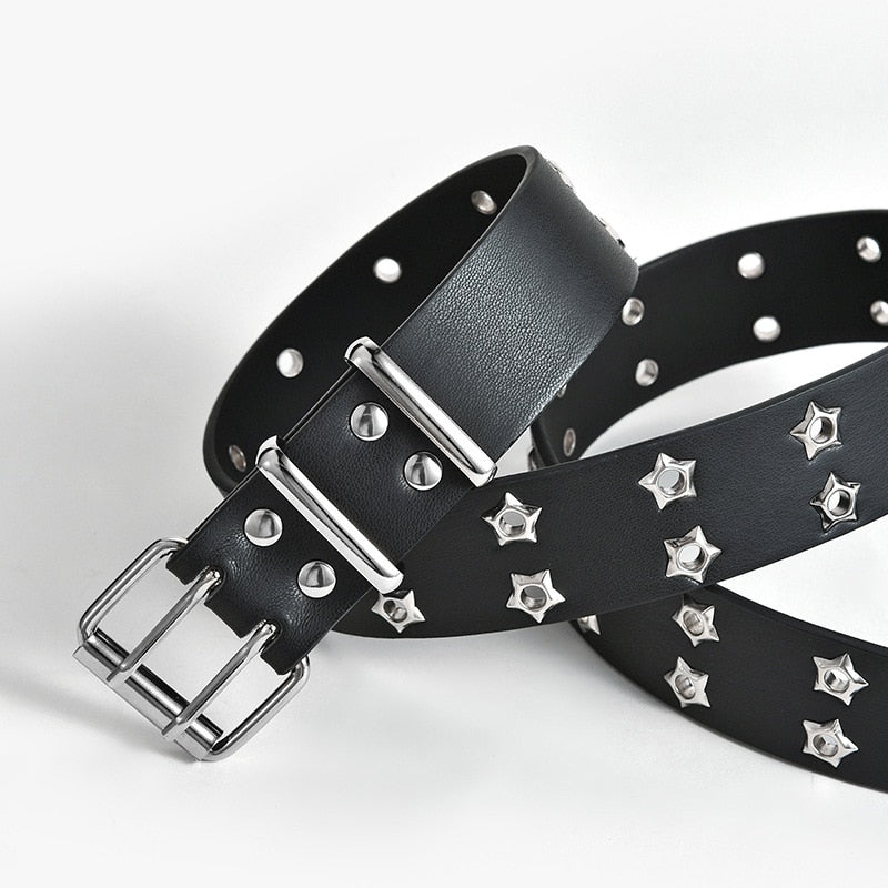 NEW Star Eye Rivet Belt Goth Style Double Pin Buckle Man/woman Fashion Casual Puck Style Pu Leather Waistband for Jeans Young