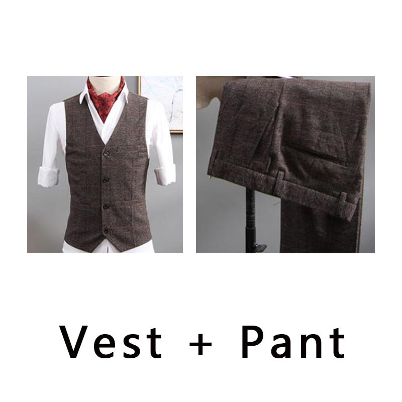 British Style Men's 3 Piece Suit, Plaid Blazer, Business, Formal Dress Suit.