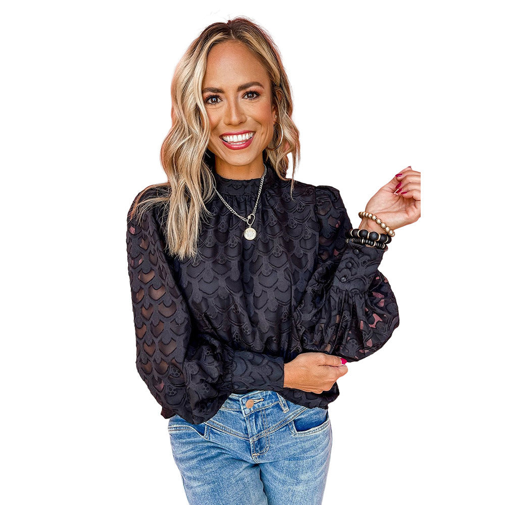 Women's Black Tie Small Stand Collar Puff Sleeve Chiffon Shirt