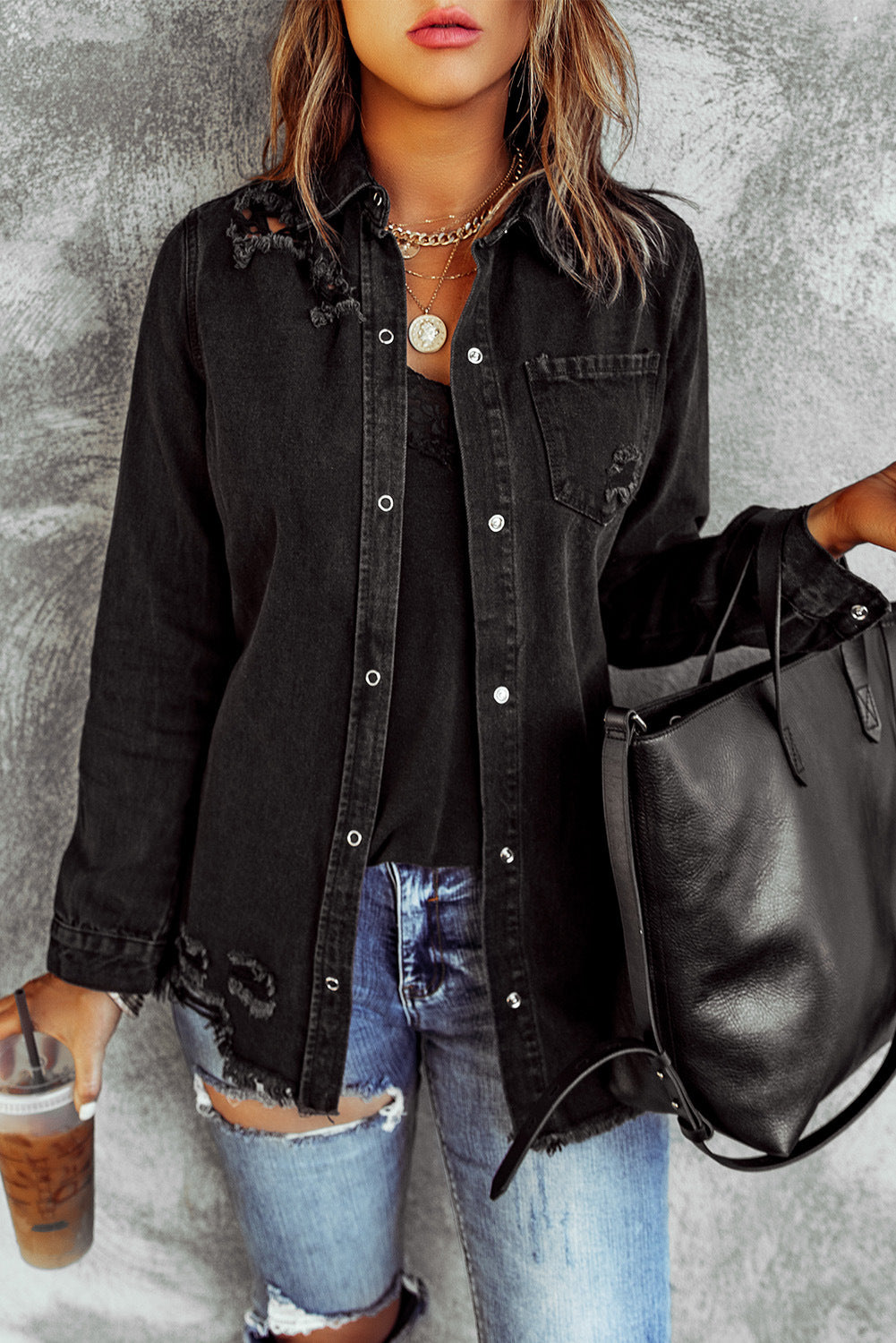 Black Ripped Shirt Denim Long Sleeve Ladies Jacket.