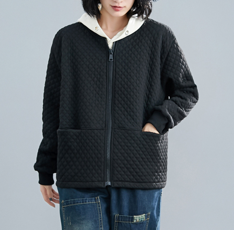 New Ladies Round Neck Long Sleeve Black Baseball Jackets.