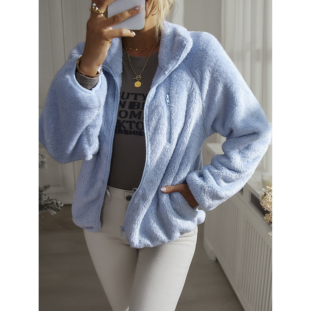 Women's Fashionable Simple Solid Color Long Sleeve Thick Top