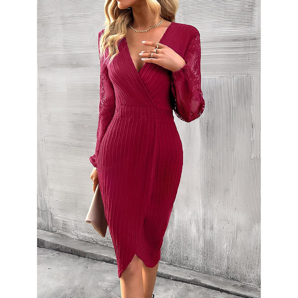 Women's Fashion V-neck Slit Lace And Knitted Long-sleeved Dress